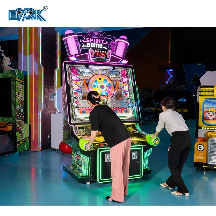 Two players operating the multiball ticket arcade machine in the showroom