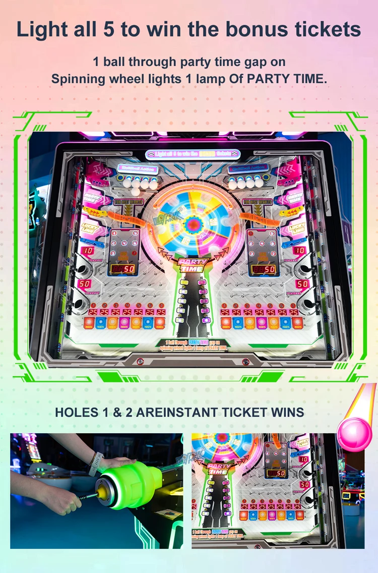 Ticket game scoring playfield, bonus wheel and launch rod close-up