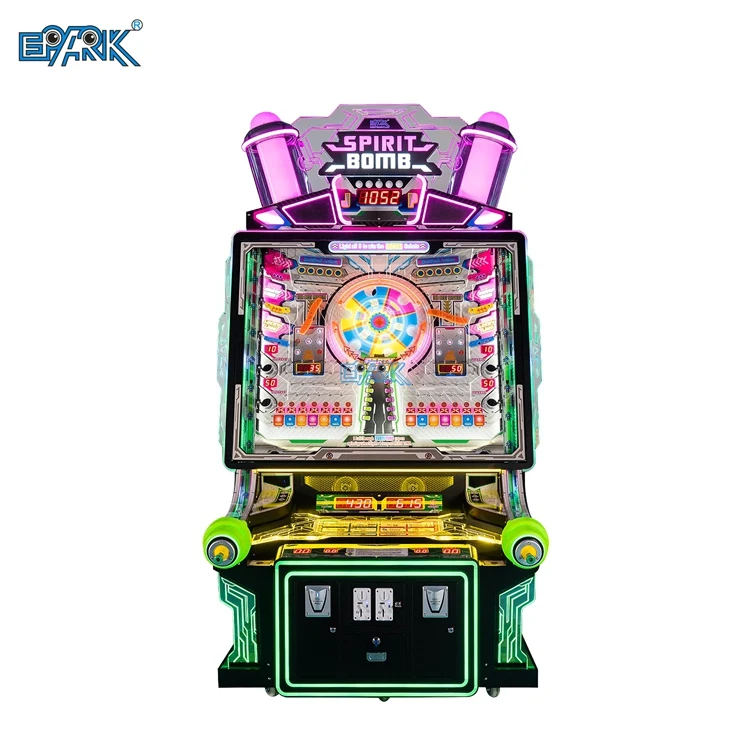 Front view of a two-player pinball-style ticket arcade machine