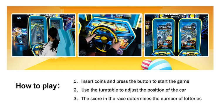 Close-up views of Racing Storm gameplay screens, steering controls and a player at the machine