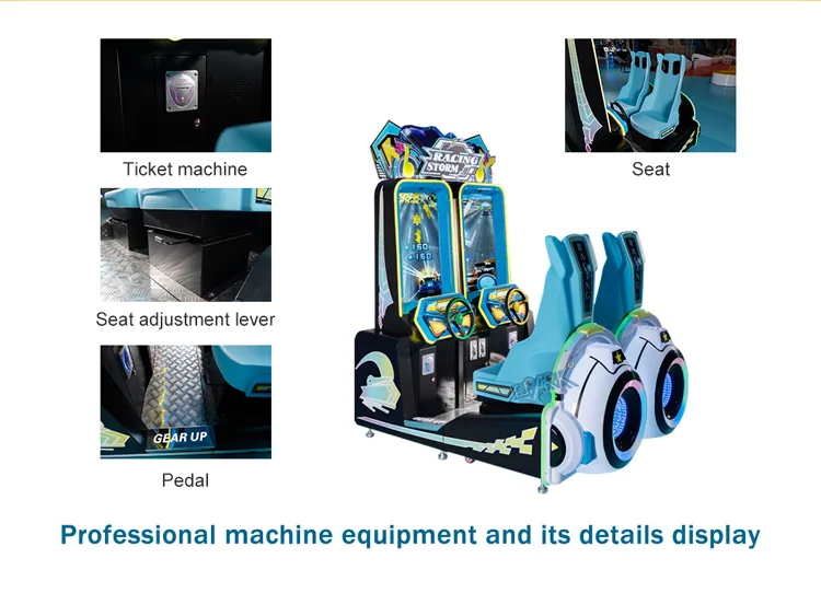 Racing Storm cabinet with seat, pedal, seat adjustment and coin control details
