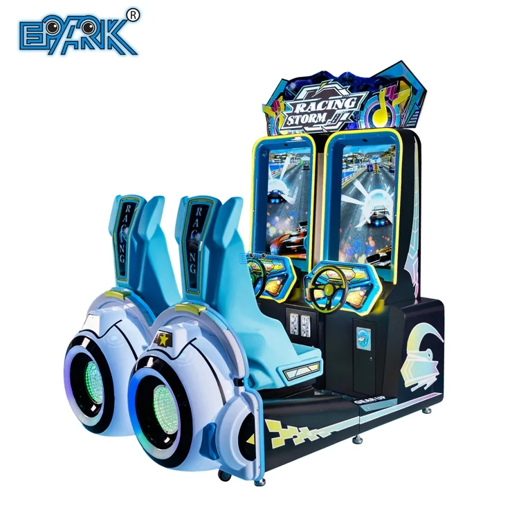Complete three-quarter view of a two-player sit-down racing arcade machine with blue seats