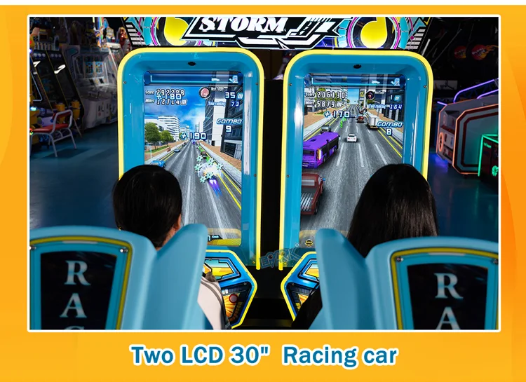 Two players racing side by side on dual 30-inch arcade screens
