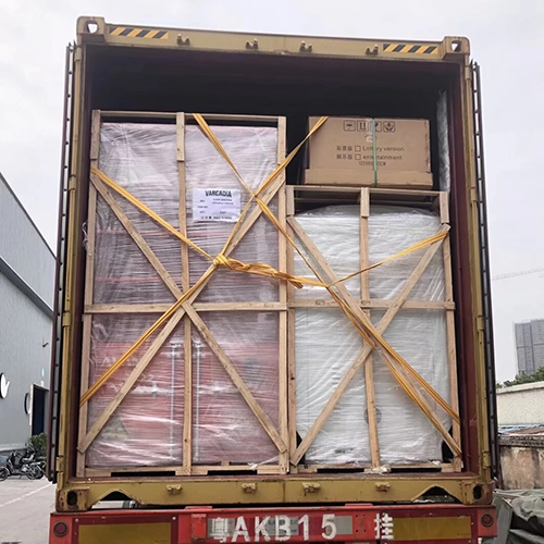 Packed arcade machines secured in a container before dispatch