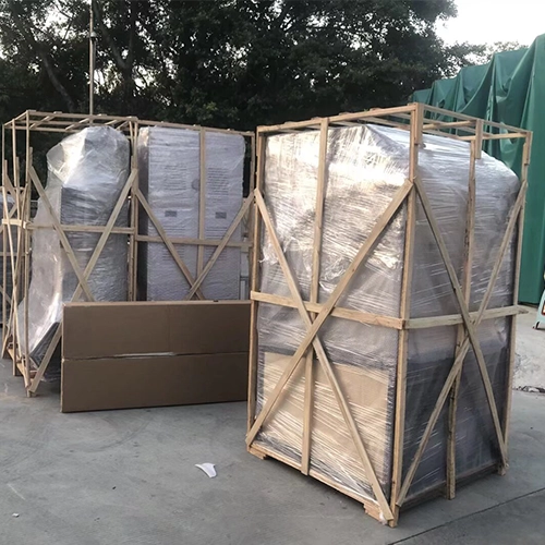 Arcade machines protected with wrapping and external wooden frames