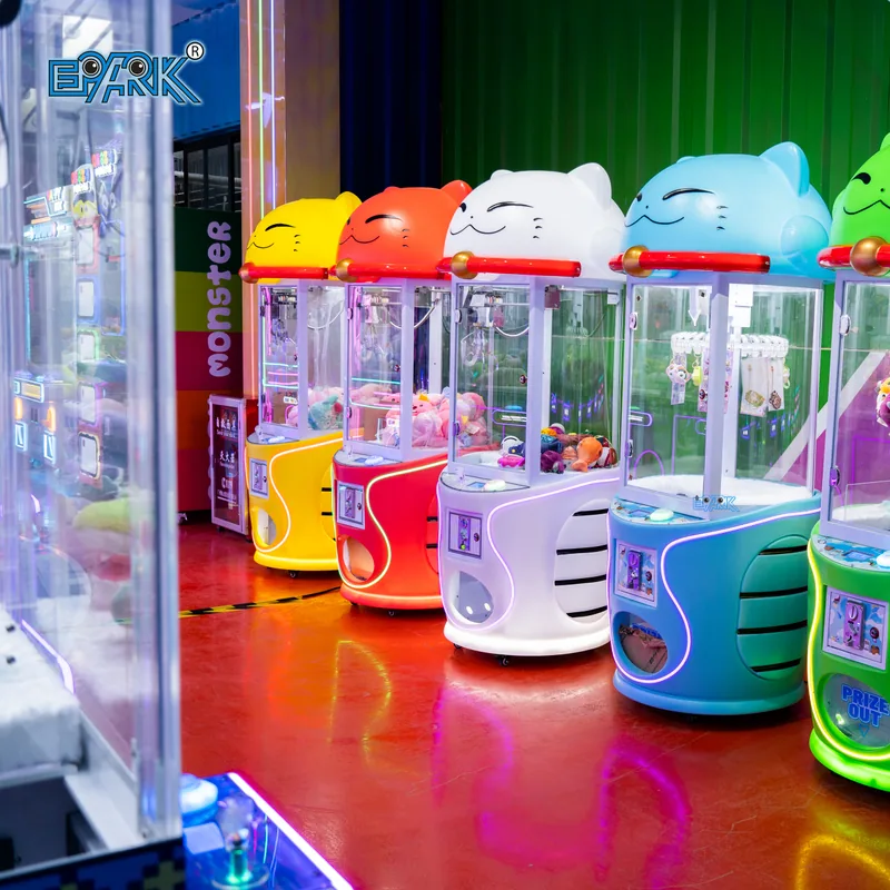 Compact cat-themed claw machines in multiple cabinet colors